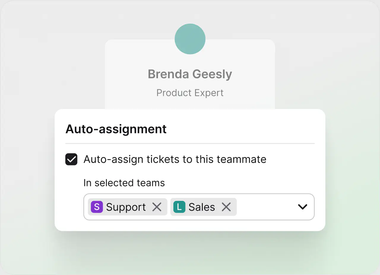 Auto-assignment settings assigning tickets to a teammate in selected teams in HelpDesk.com