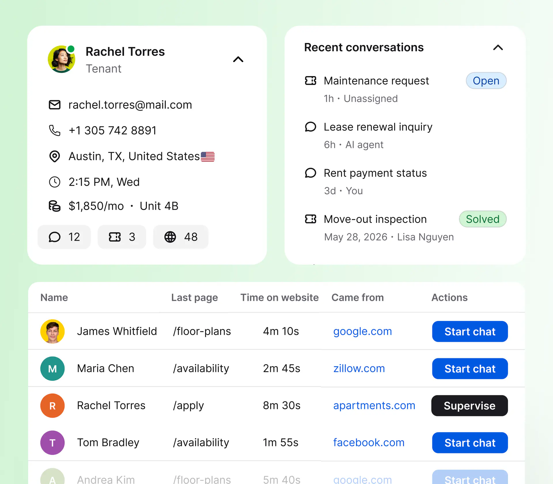 HelpDesk.com workspace for a property management team: a tenant profile with contact and unit details, a list of recent conversations by status, and website visitors the team can start a chat with