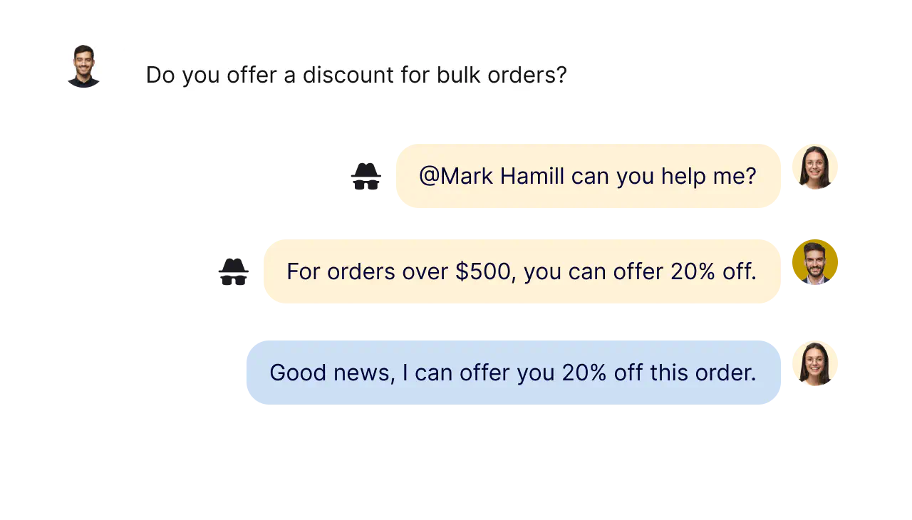 Collaborate — private notes and team mentions helping agents resolve a bulk order query