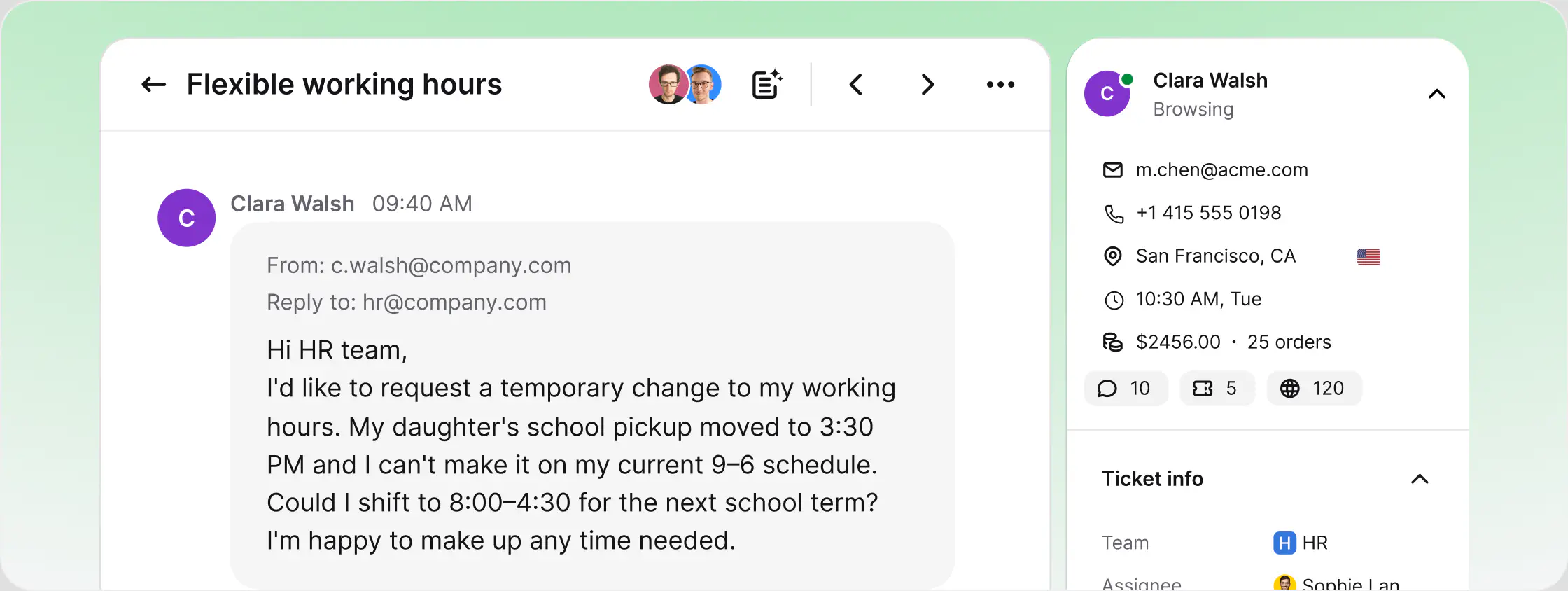 A request handled as a ticket in HelpDesk.com, with the full conversation and contact details in one view
