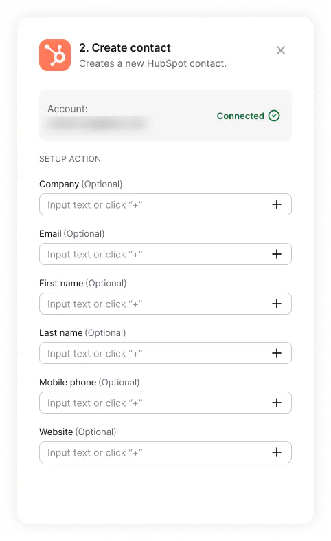 The Create contact action configured in HelpDesk.com, with company, email, first name, and last name fields