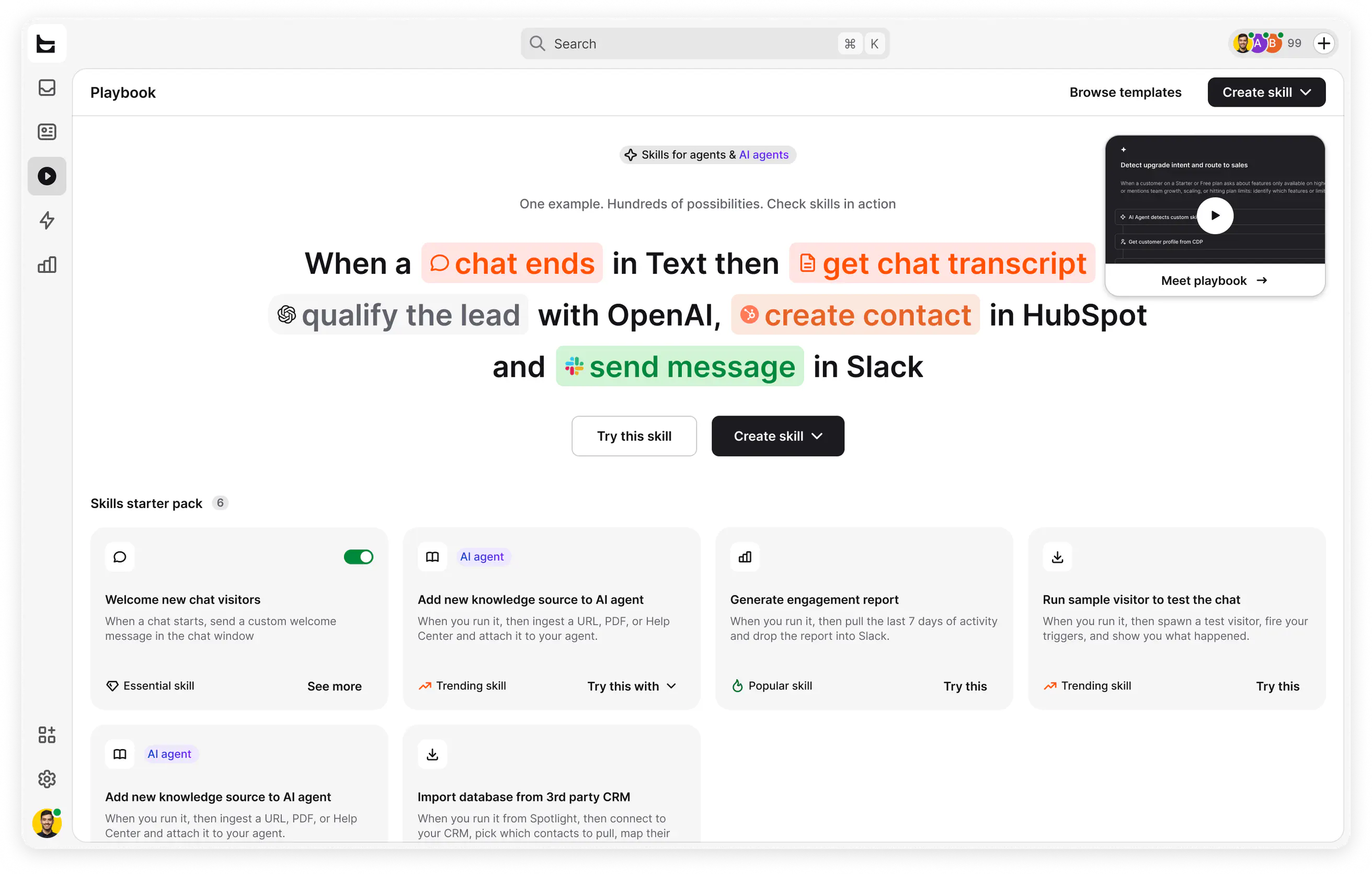 The Playbook builder in HelpDesk.com: when a chat ends, get the chat transcript, qualify the lead with OpenAI, create a contact in HubSpot, and send a message in Slack