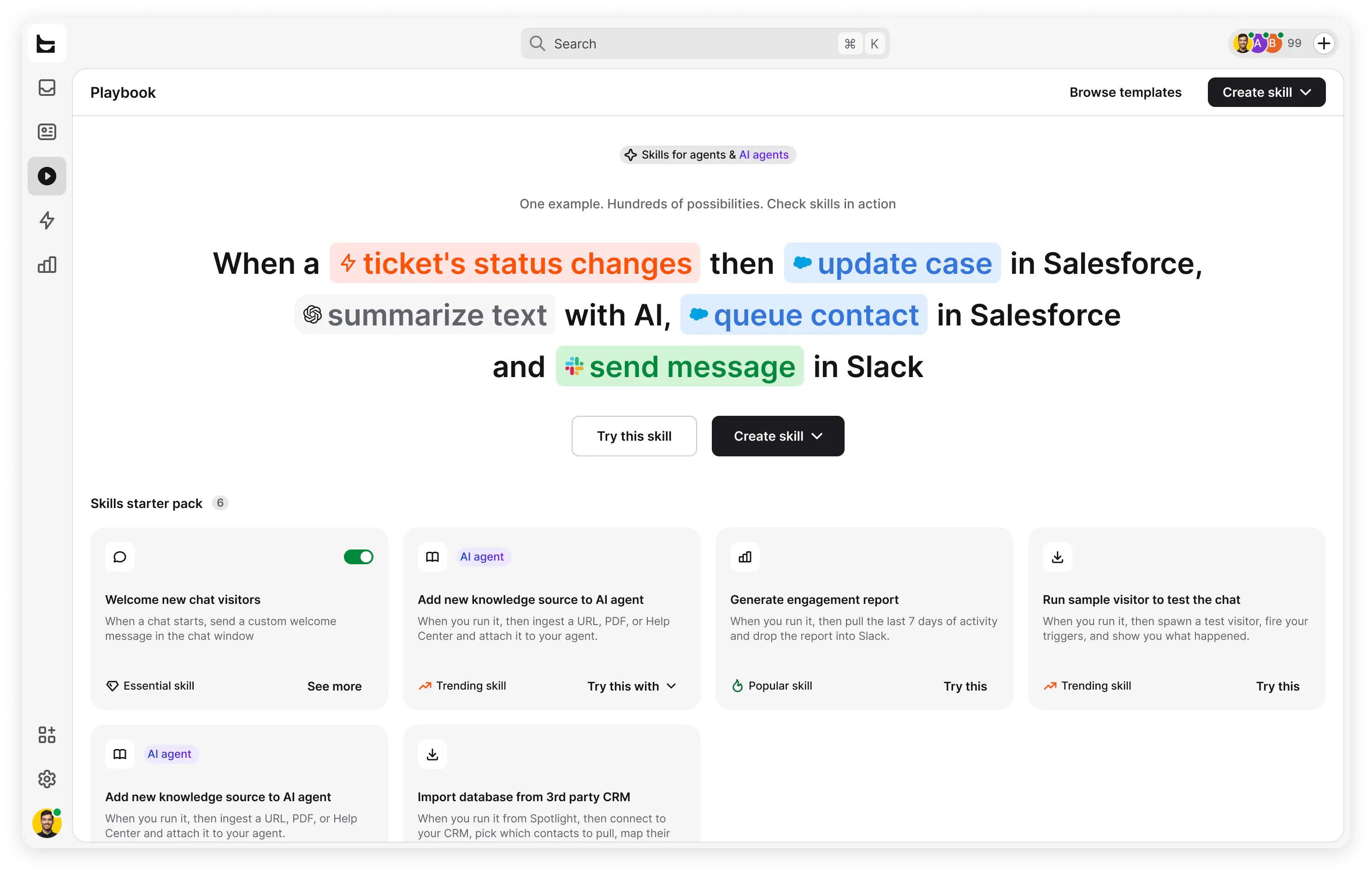 The Workflows builder in HelpDesk.com: when a ticket's status changes, update the case in Salesforce, summarize the text with AI, queue the contact in Salesforce, and send a message in Slack