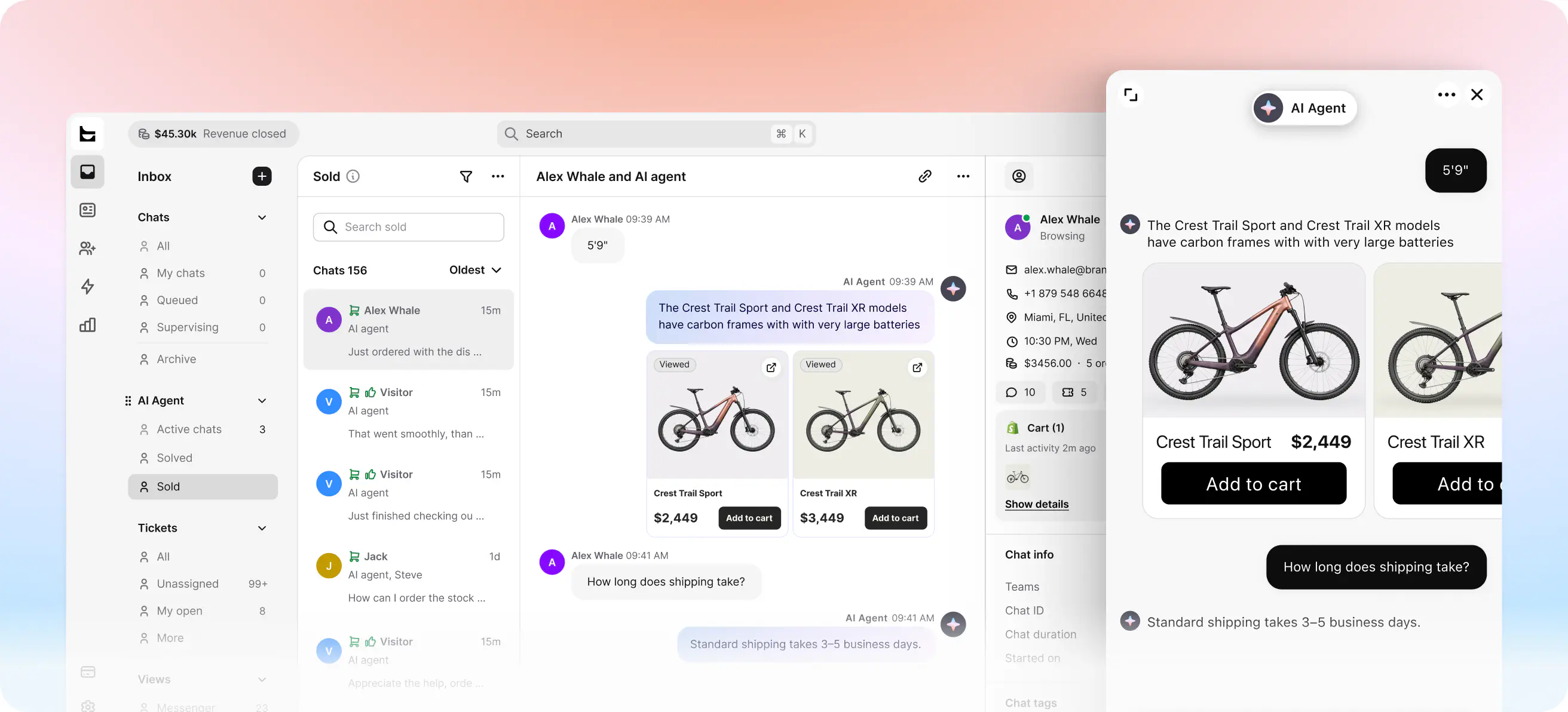 AI agent recommending products with add-to-cart cards, a live cart preview, and sold chats in HelpDesk.com