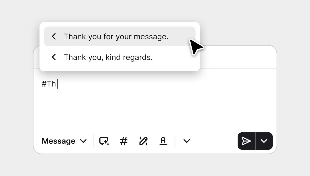 Canned response picker inserting a saved reply into a HelpDesk.com message