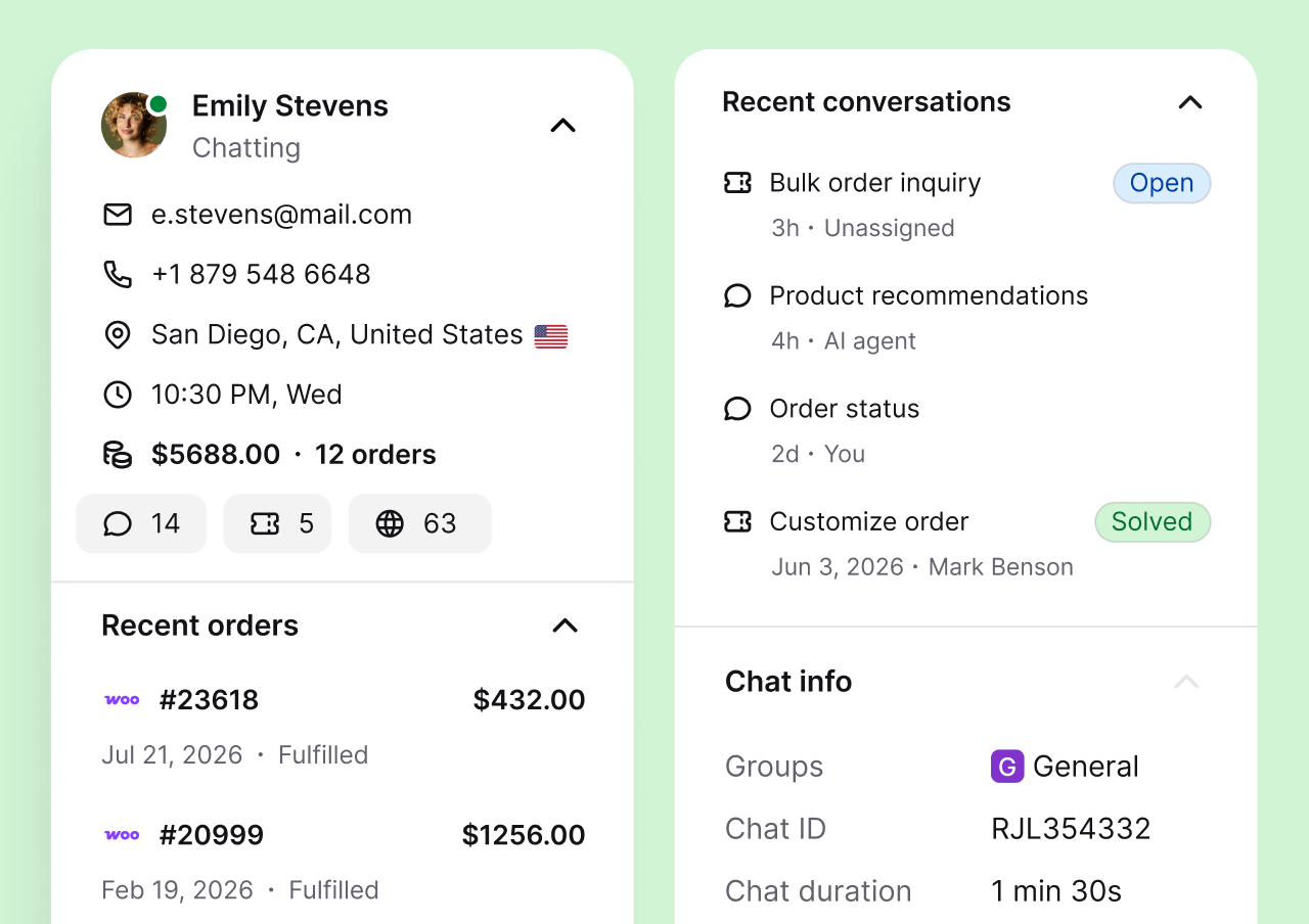 WooCommerce customer profile with contact details, recent conversations, and recent orders in HelpDesk.com