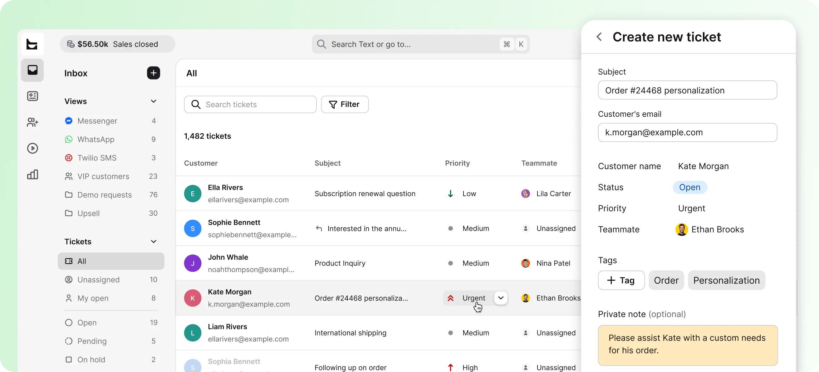 HelpDesk.com WooCommerce support inbox with tickets, priorities, teammates, and customer details
