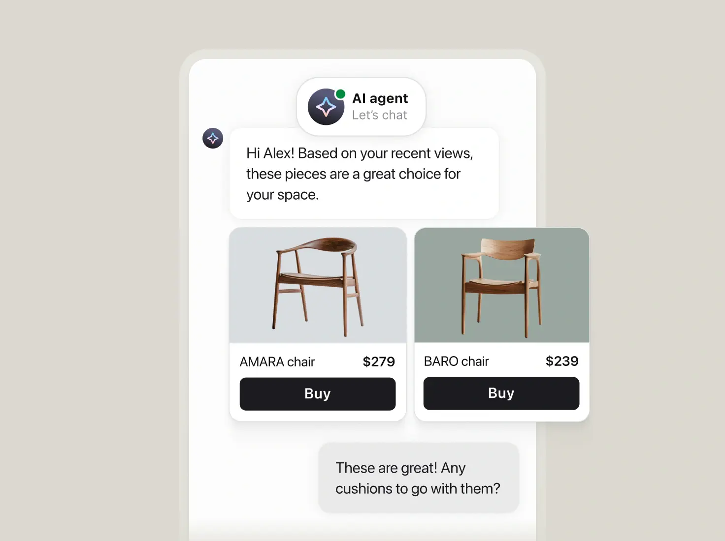 AI agent chat recommending two products with prices and buy buttons