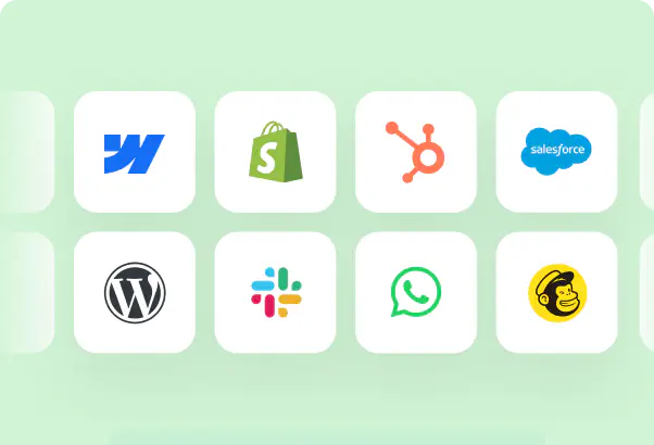 Integration logos including Webflow, Shopify, HubSpot, Salesforce, WordPress, Slack, WhatsApp, and Mailchimp connected to HelpDesk.com