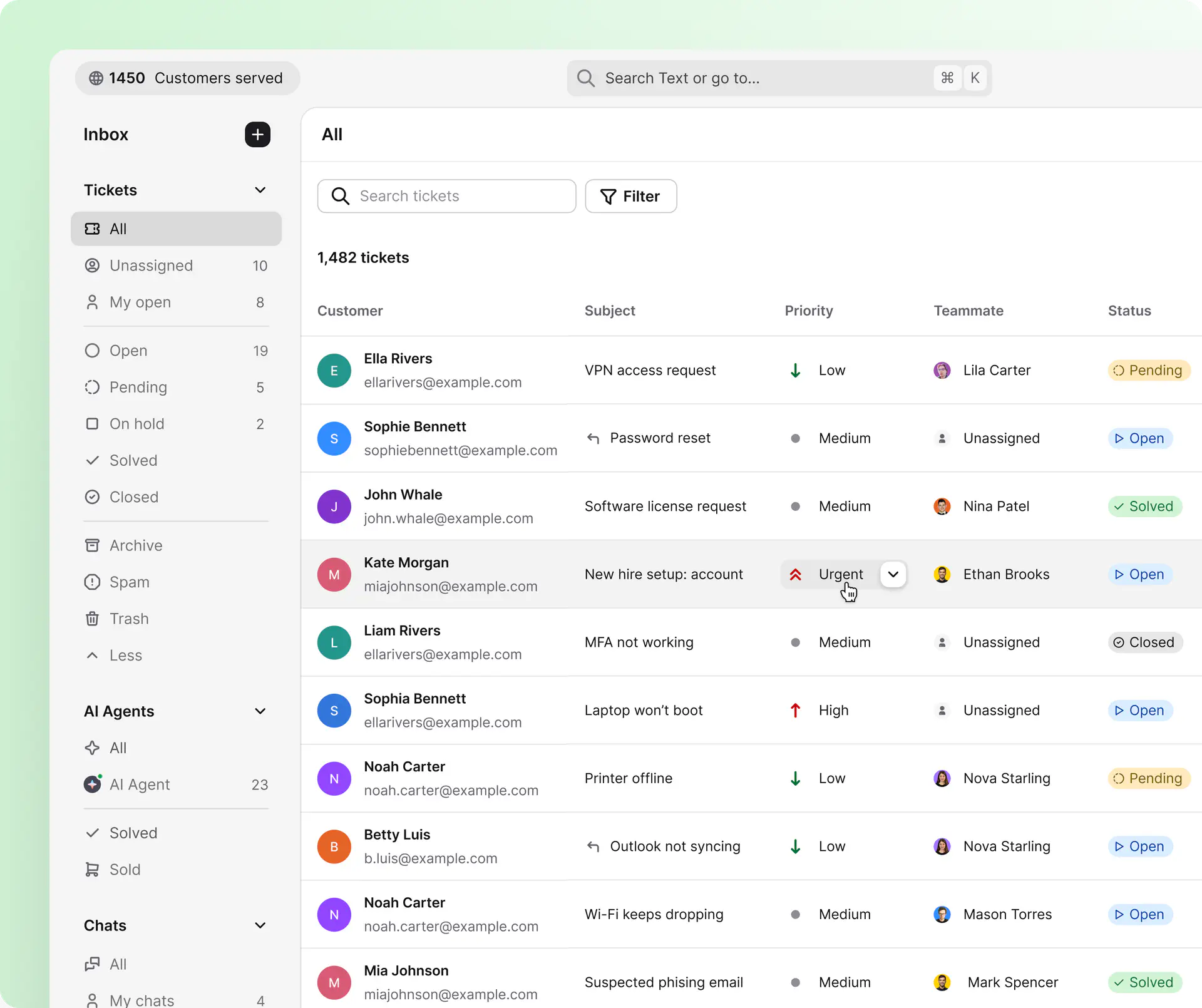 HelpDesk.com ticket inbox listing IT support tickets with priority, assigned teammate, and status columns