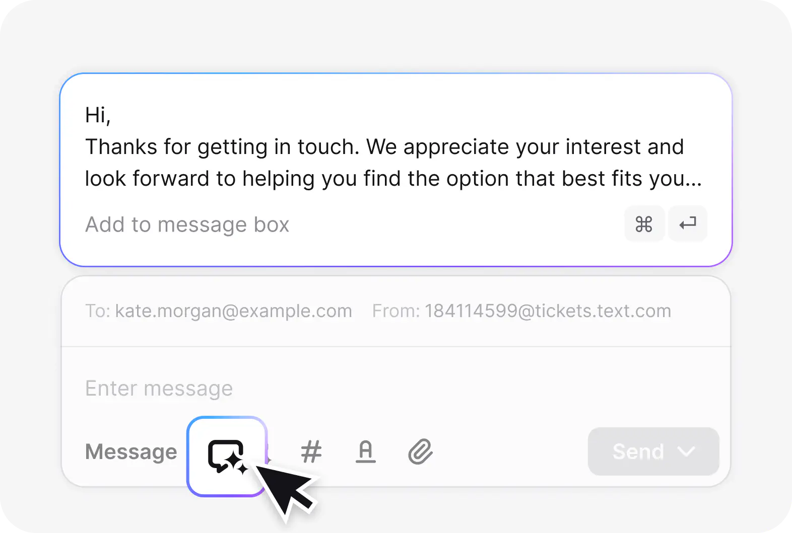 AI reply suggestion drafted from past ticket conversations in HelpDesk.com
