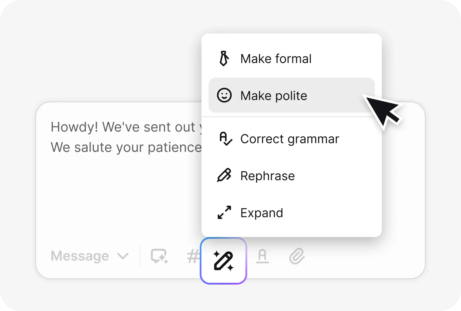 AI text enhancement adjusting tone and grammar on a ticket reply