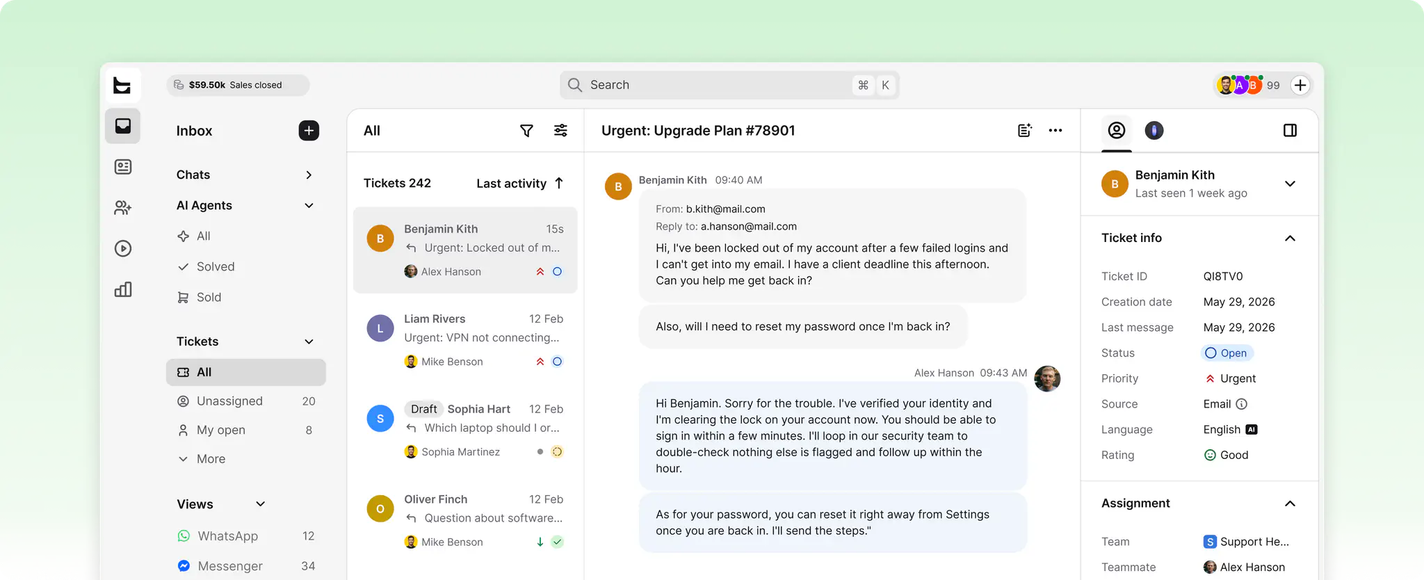 HelpDesk.com ticket view with the ticket list, an IT support conversation, and ticket details side by side
