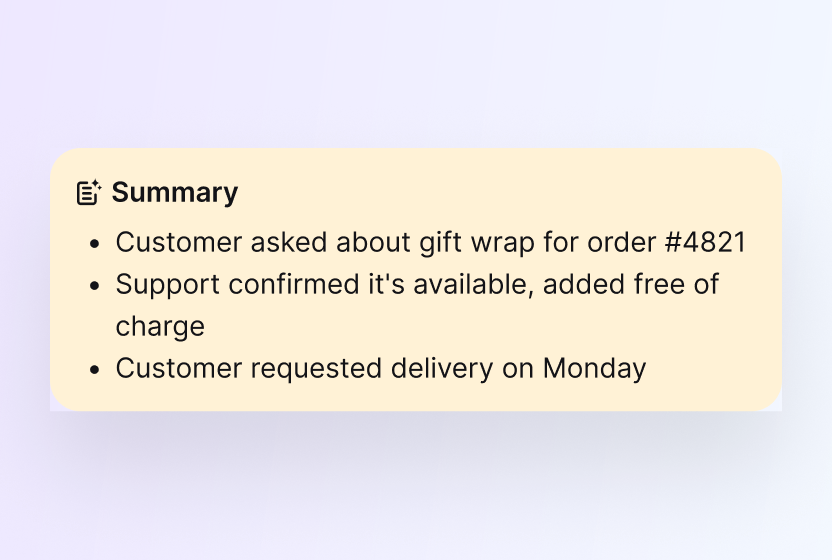 AI ticket summary listing the core issue and next step in HelpDesk.com