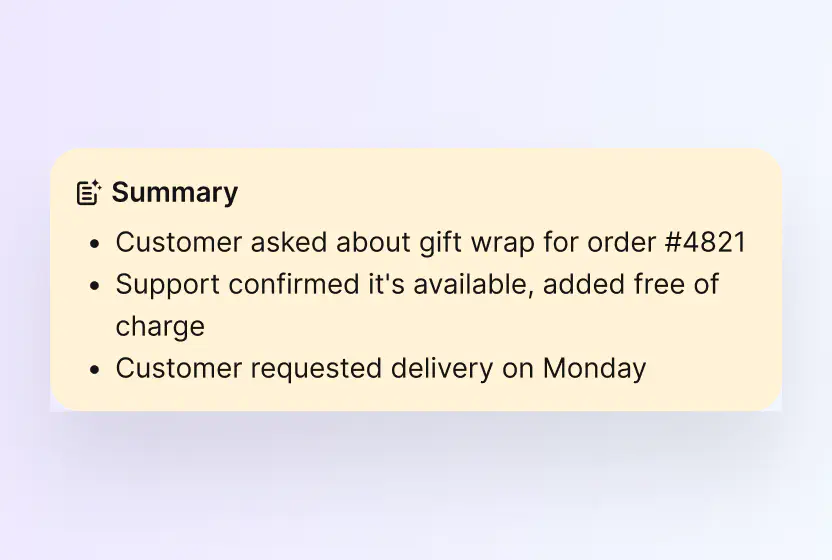 AI ticket summary listing the core issue and next step in HelpDesk.com