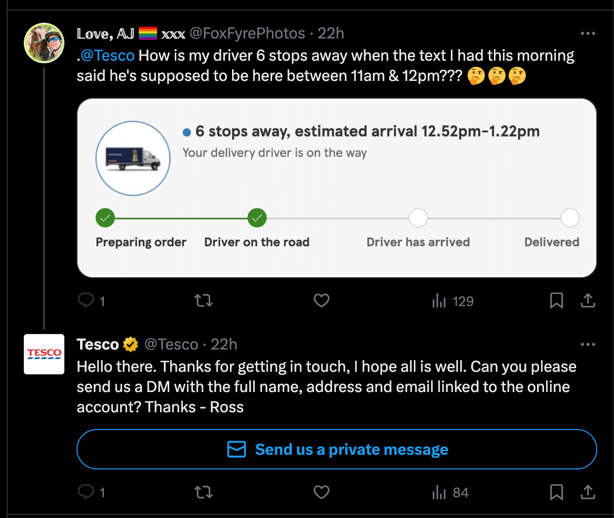 Tesco conversation with a customer on X