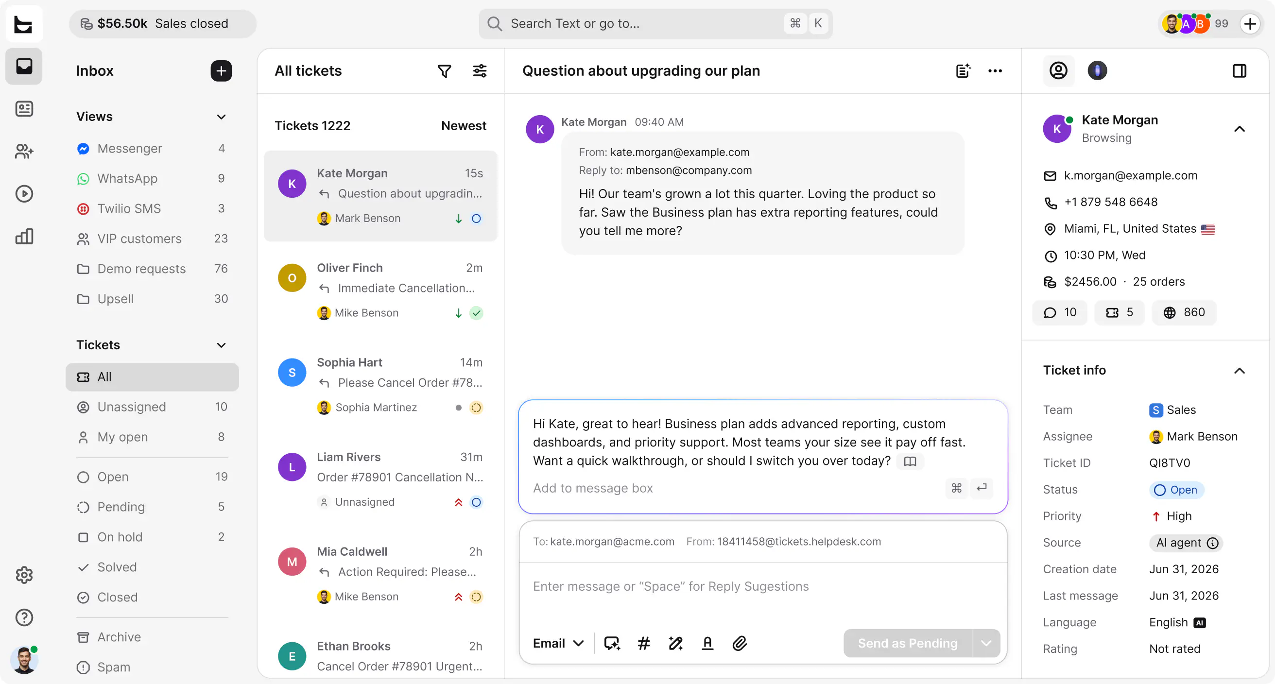Ticket view in HelpDesk.com with ticket details, customer info, and the conversation thread