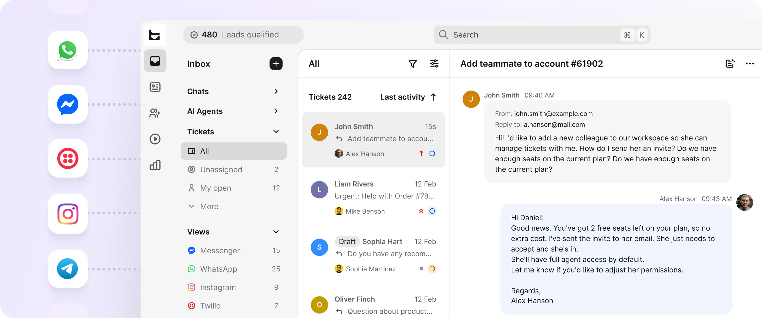 Omnichannel HelpDesk.com inbox with WhatsApp, Messenger, Instagram, and Telegram channels feeding one ticket queue