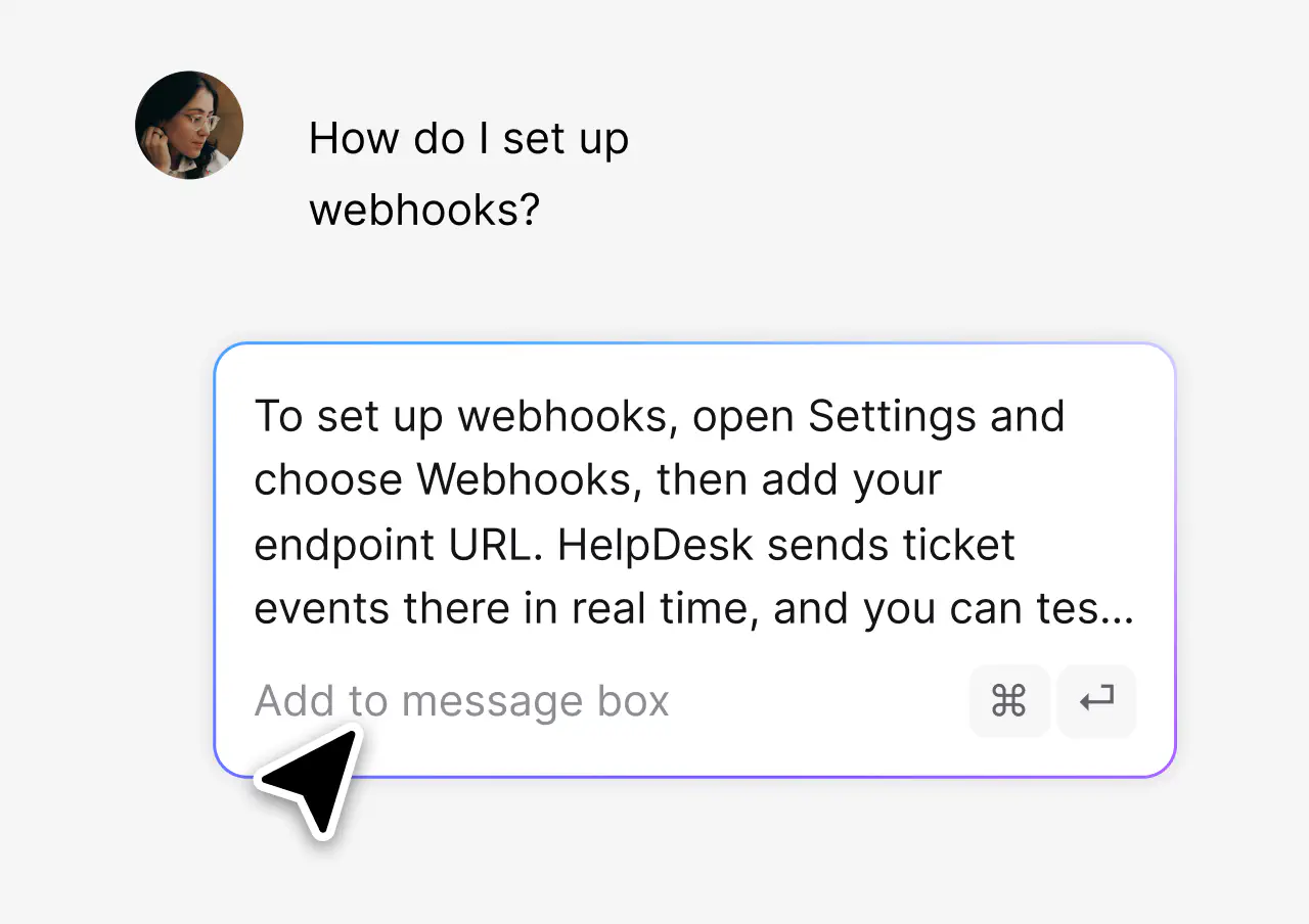 Canned response picker inserting a saved reply into a ticket in HelpDesk.com