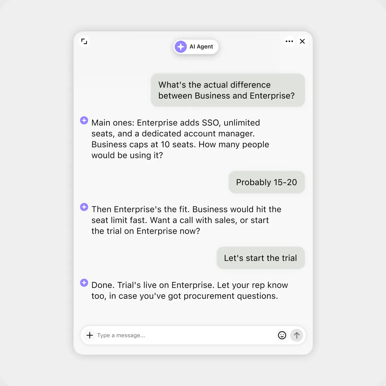AI agent chat comparing Business and Enterprise plans and starting a trial