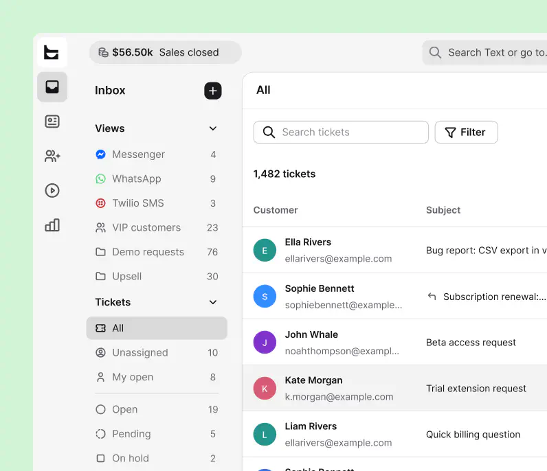 Bug report ticket with tags, priority, and full conversation history in HelpDesk.com