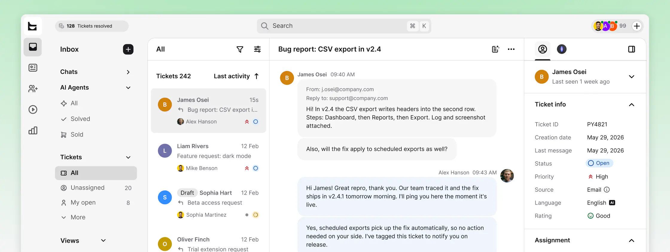 Bug report ticket with tags, priority, and full conversation history in HelpDesk.com