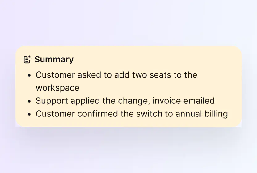 AI ticket summary listing the core issue and next steps in HelpDesk.com