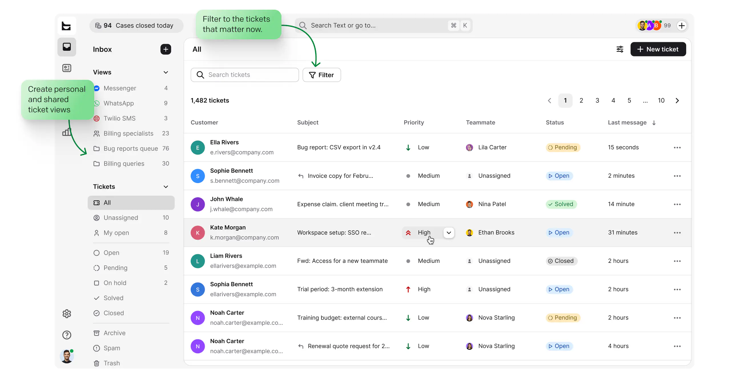 Capture — SaaS help desk ticket inbox with bug reports and billing questions filtered into custom views