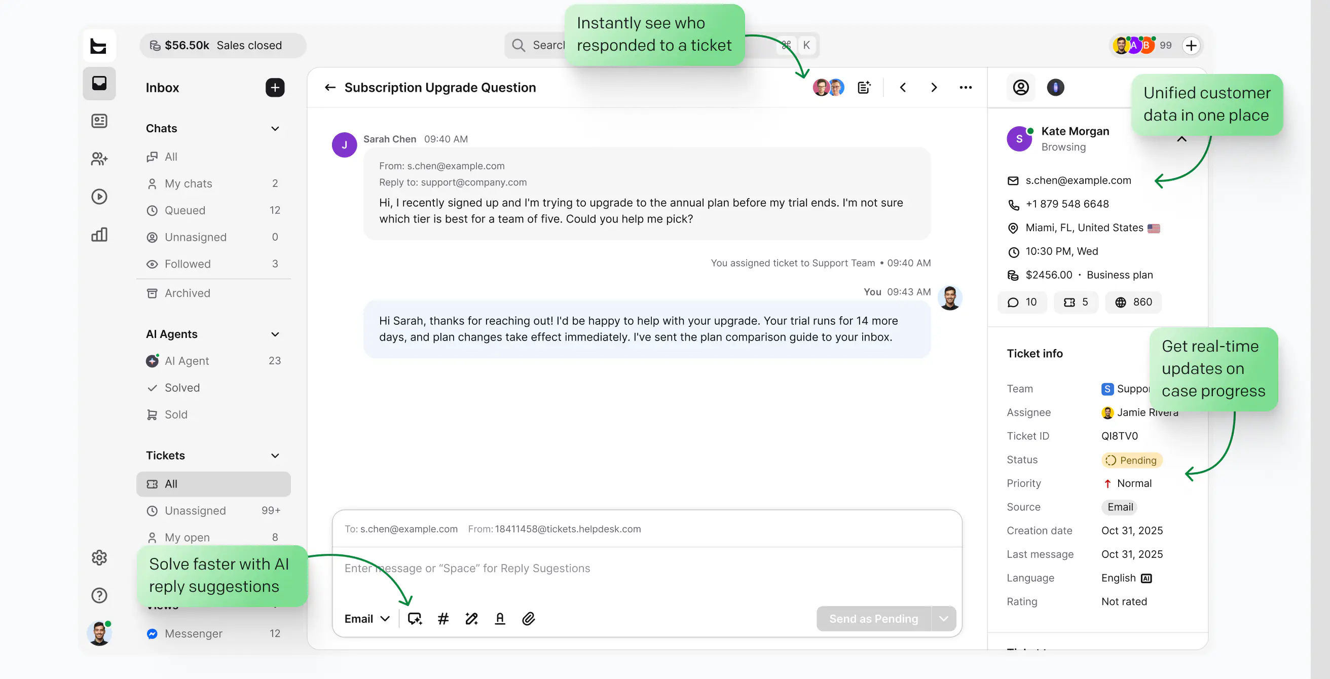 Solve — subscription upgrade ticket with AI reply suggestions and unified customer data in HelpDesk.com