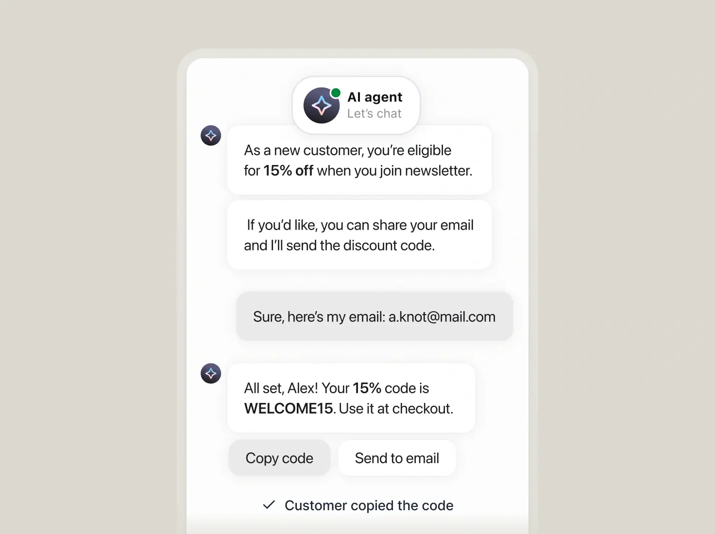 AI agent chat sharing a welcome discount code and capturing the shopper's email