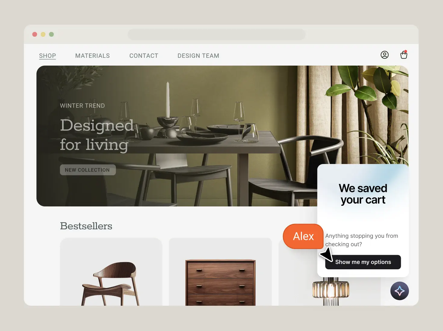 AI agent widget on a furniture storefront offering to restore a shopper's saved cart