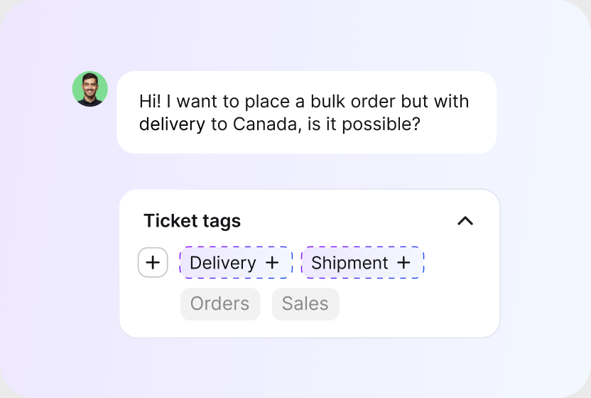 AI tag suggestions proposing delivery and shipment tags for a ticket in HelpDesk.com