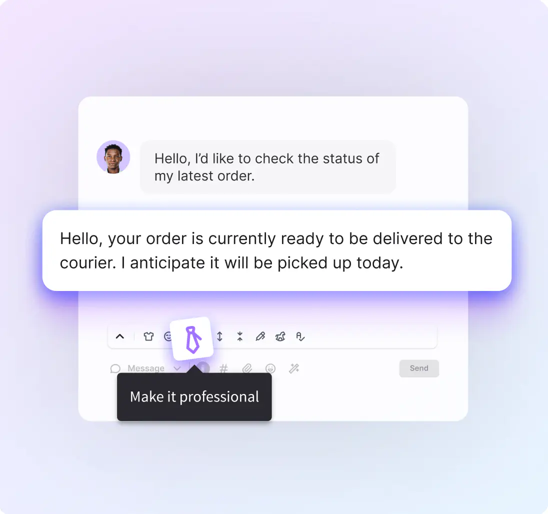 AI text refinement making a ticket reply professional in HelpDesk.com