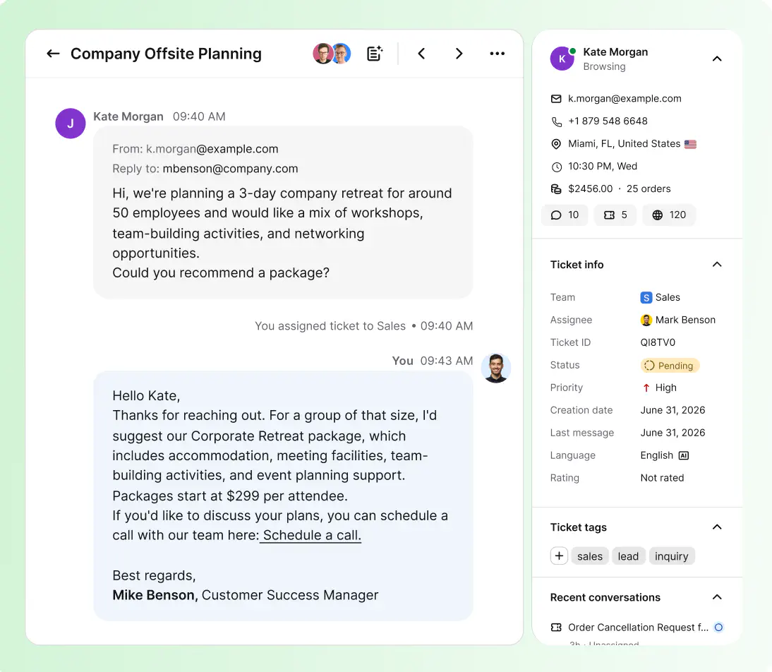 Web-based HelpDesk.com single ticket view with assignment, priority, and unified customer data